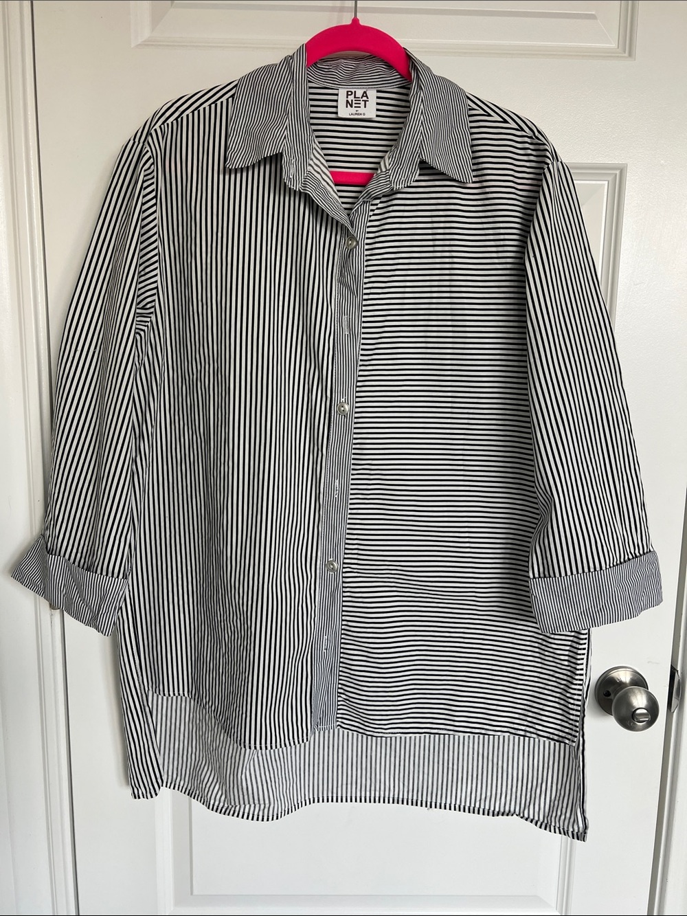 PLANET Black & White Striped Casual Button-Down Shirt
